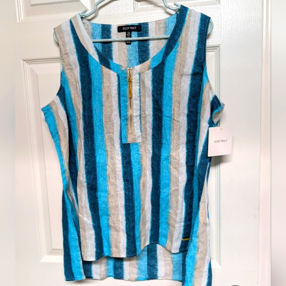 NWT Ellen Tracy Women's 100% Linen Blue Striped Tank XL Beach Coastal Tassel Zip